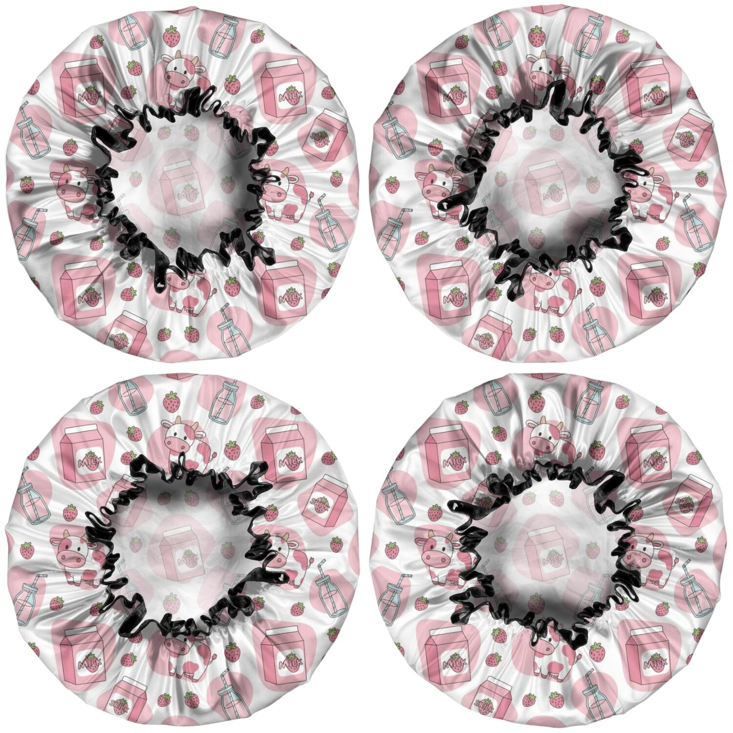 Shower Caps,White Cow Milk Strawberry Pattern Waterproof Shower Cap for Women 4 Pieces,Double Reusable Hair Cover for Shower PEVA Elastic Stretch Hem