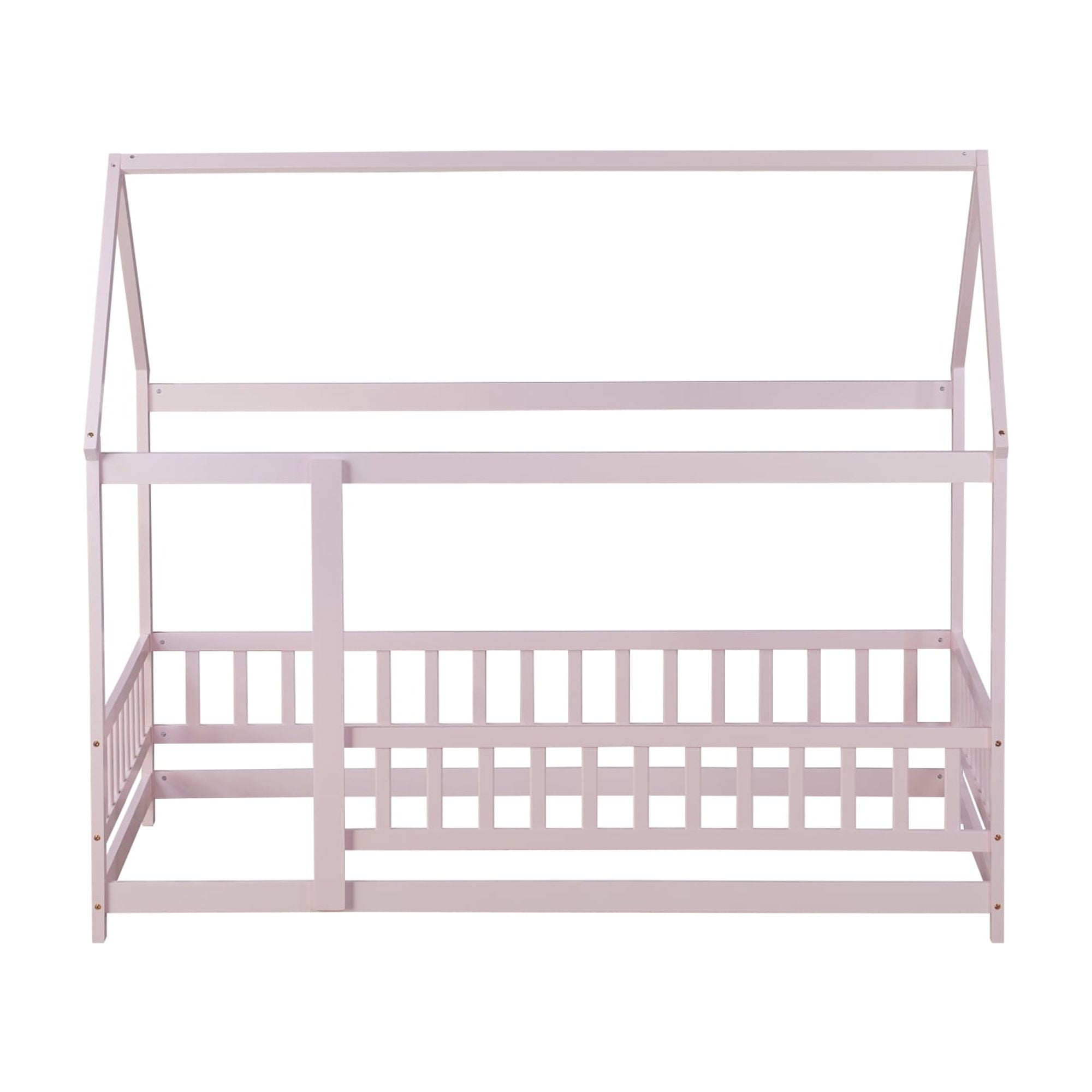 Jopath Twin Size Floor Bed Frame Montessori House Floor Wooden Bed with with Roof Frame,Safety Guardrails for Kids,Boys,Girls Pink
