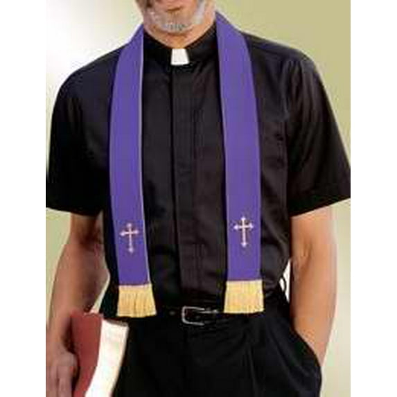 Stole-Visitation-Reversible-White/Purple W/Gold Latin Cross/Fringe-Viva (52")