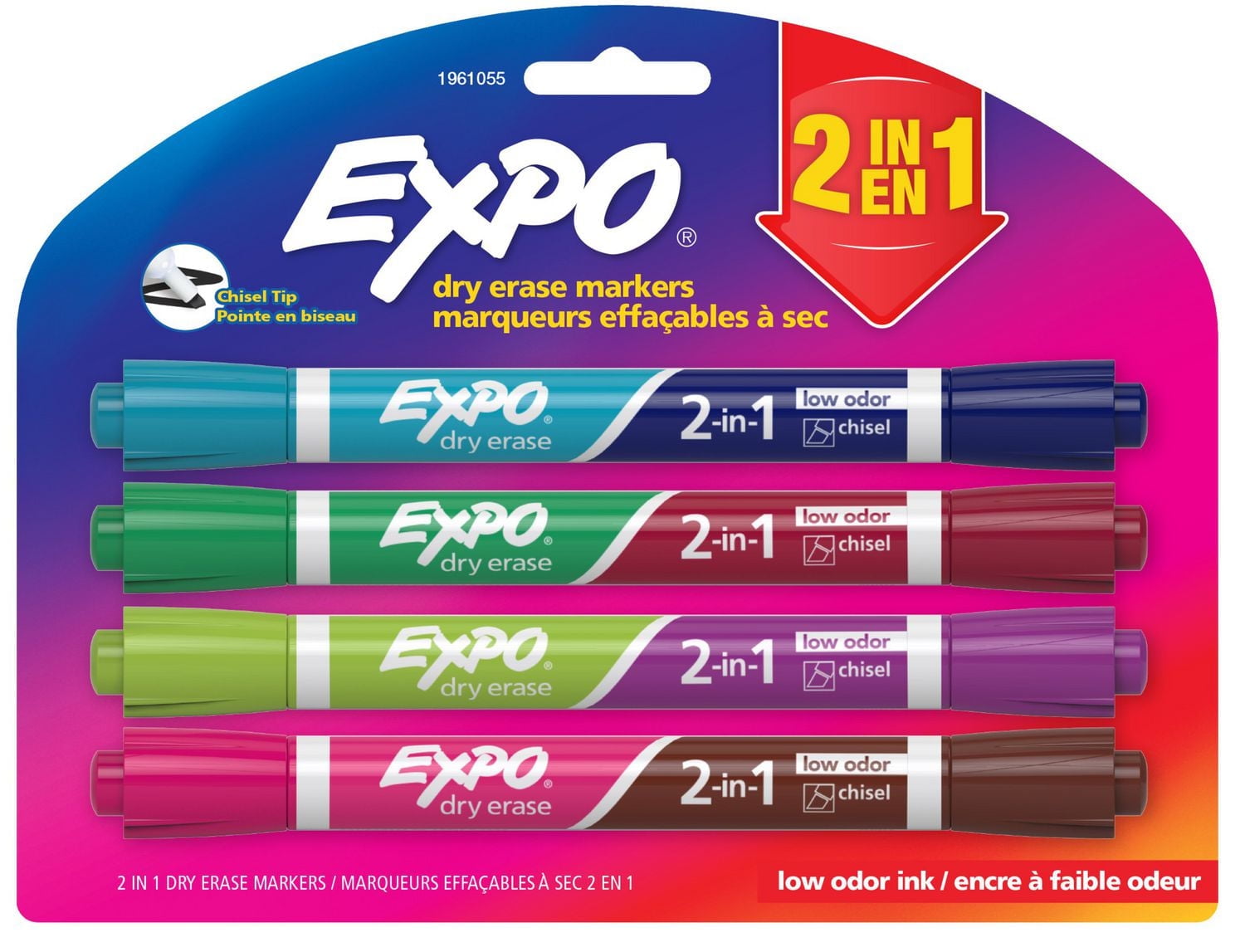 Marqueurs effaçables à sec 2 en 1 Expo pointe biseautée en paquet de 4