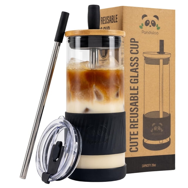 Vasos de vidrio Pandaloo con tapas y pajitas, 600 ml, Black Saphir