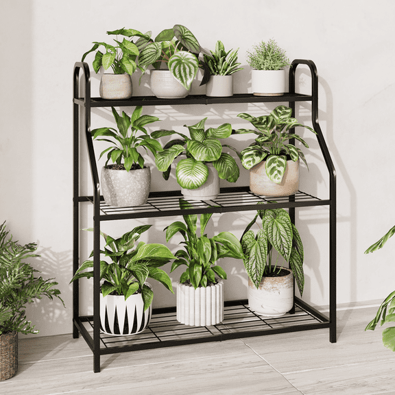 Bamworld 3 Tier Plant Stand Metal – Waterproof Flower Stand for Indoor & Outdoor Use, Robust Plant Shelf with 3 Levels, Plant Holder Rack for Garden Patio Balcony Living Room, Black