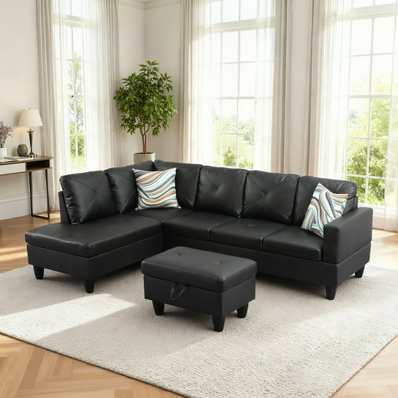 MAYEERTY 97" Faux Leather Sectional Couches, 3-Piece Modular Sofa Set with Reversible Chaise & Storage Ottoman, Black (Left)