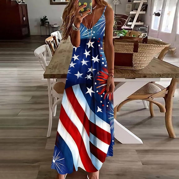 Vetsdori Women's Summer Maxi Dress American Flag Red White and Blue Slip Dress Backless,Party Tank Ankle Length 4th of July Dress for Women Holiday