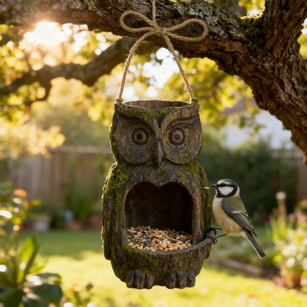Resin Owl Bird Feeder for Outdoor Garden - Realistic Wood-Look Decorative Wildlife Feeding Station - Weatherproof Hanging Birdfeeder for Backyard & Patio
