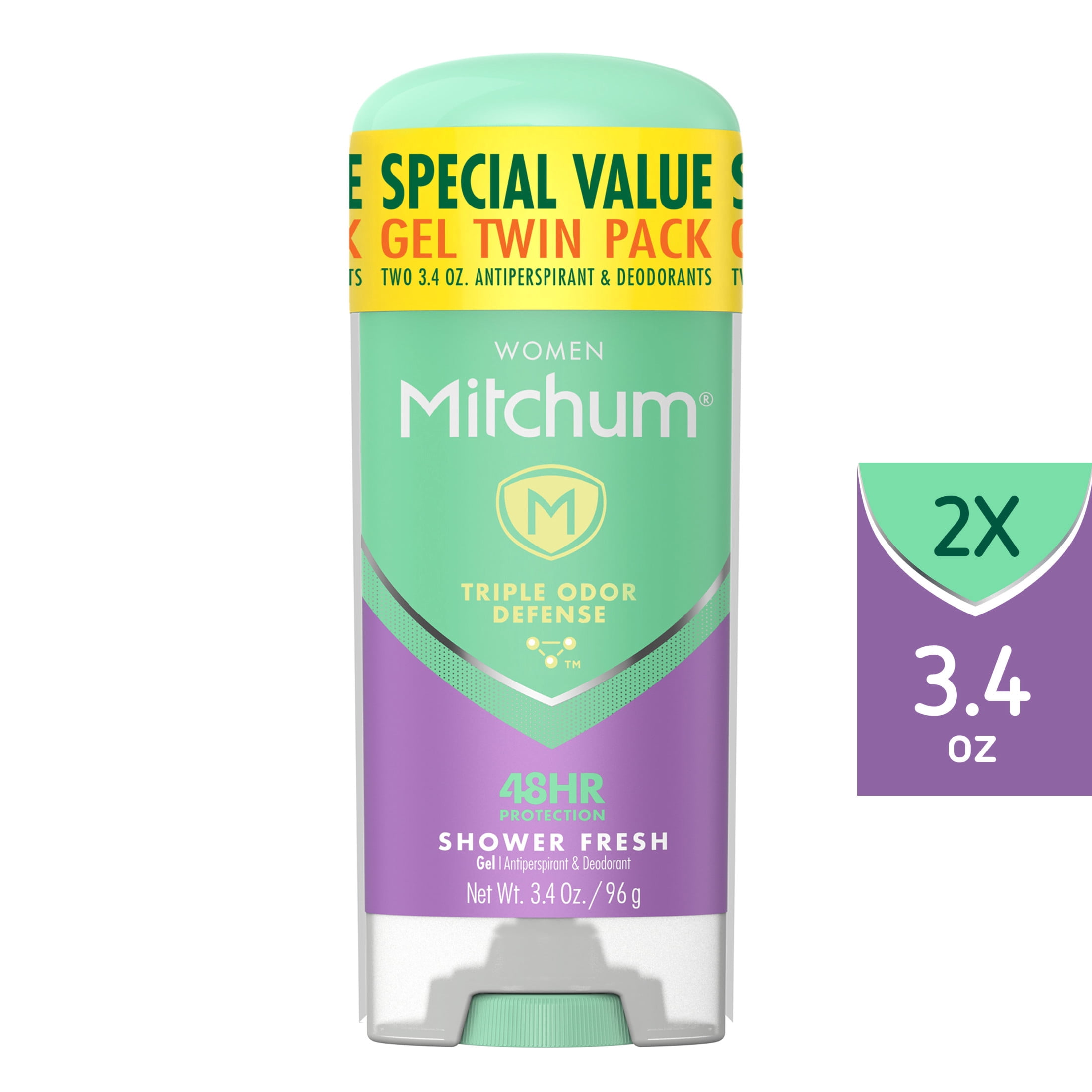 Mitchum Women Triple Odor Defense Antiperspirant Deodorant Gel Twin Pack, Shower Fresh, 3.4 oz