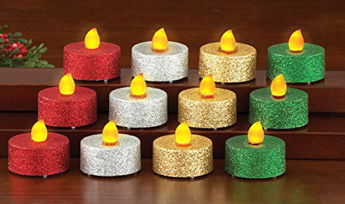Set of 12 Collections Etc LED Glitter Holiday Flameless Votives
