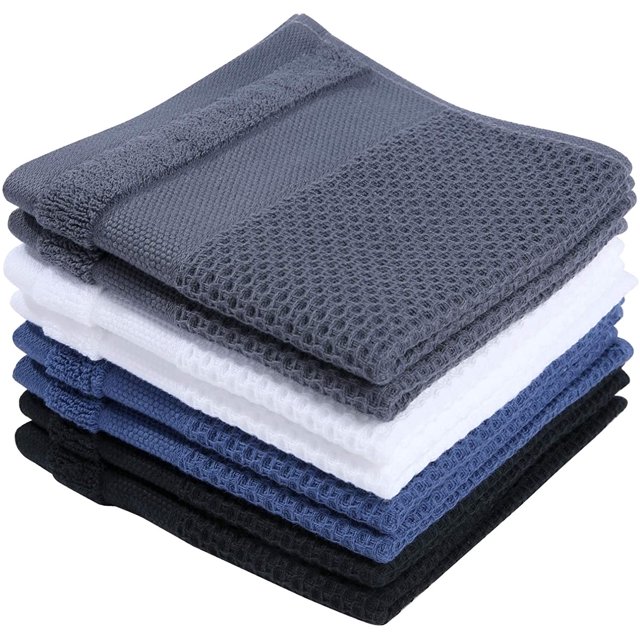 100% Cotton Kitchen Dish Cloths, 8 Pack Waffle Weave Dish Towels Ultra Soft Absorbent Quick Drying Dish Rags, 12 X 12Inch, Black