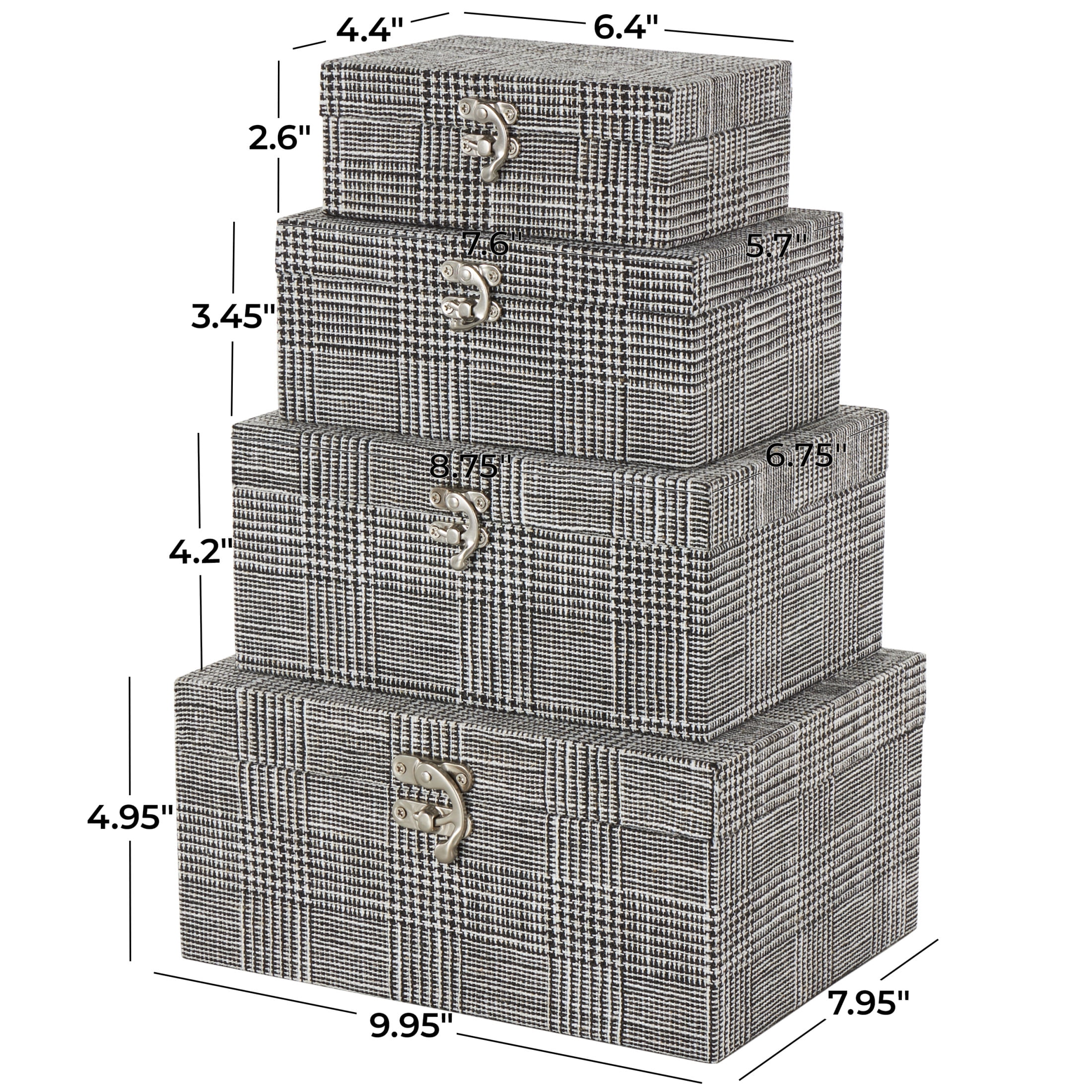 DecMode Handmade Storage Black Fabric Decorative Box with Silver Latches, 4 Count