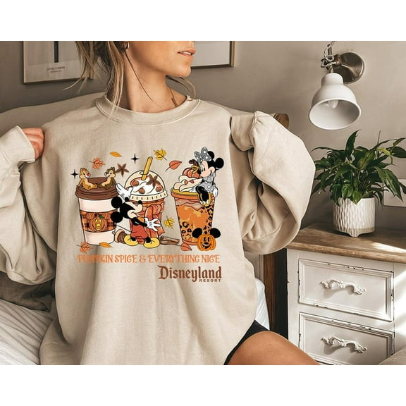 Disney Mickey Minnie Mouse Pumpkin Spice Everything Nice - Sweatshirt Gd, Autumn Coffee Drinks, Disneyland Resort Fall Vibes Tee, Disney, S-3XL Sweatshirt