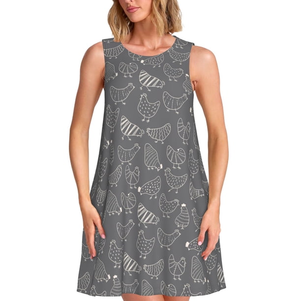 Fotbe Funny Chicken Vestido de Verano sin Mangas para Mujer – Vestido Midi Línea A, Estilo Camiseta Floral, Vestido Playero Casual y Fluido