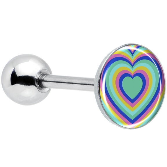 Body Candy 14G Women 316L Stainless Steel Rainbow Retro Heart Mens Barbell Tongue Ring Body Piercing Jewelry 5/8”
