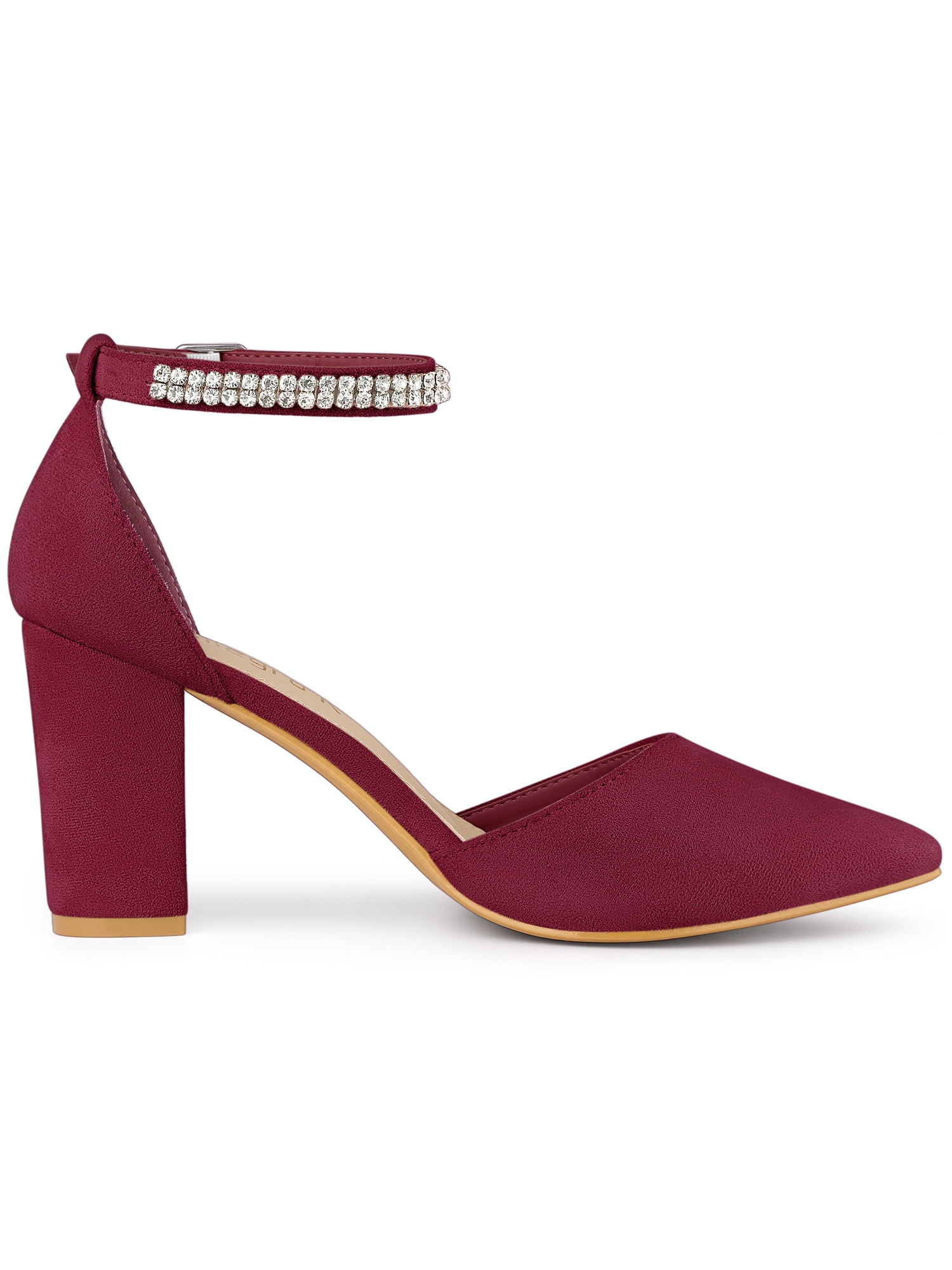 DARING DIVA Women's Pointed Toe Rhinestone Ankle Strap Chunky Heels Pumps Burgundy 10