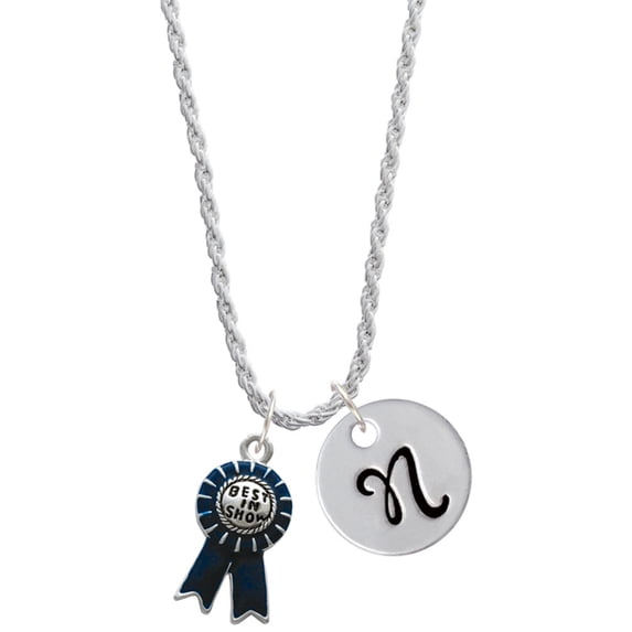 Delight Jewelry Silvertone Best in Show Blue Ribbon Silvertone Script Initial Disc - N - Charm Necklace, 20"+3"