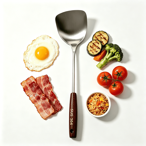 Stainless Steel Wok Spatula with Wooden Handle | Metal Turner & Flipper for Stir Fry, Pancakes & Eggs | Heat Resistant Kitchen Utensil for Non-Stick Pans & Skillets | 14.3 Inch Long Handle