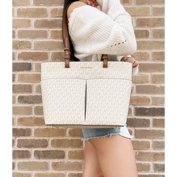 Michael Kors Women’s Bedford Medium Shoulder Tote Bag, MK Signature, Vanilla/Acorn