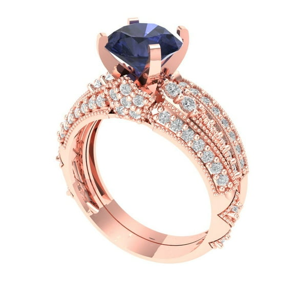 1.99 ct Brilliant Round Cut Blue Sapphire 14k Rose Gold Solitaire with Accents Engagement Bridal Wedding Ring Band Set size 6.75
