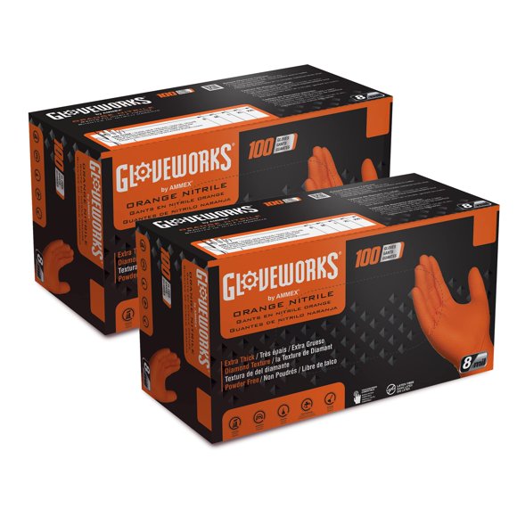 GLOVEWORKS Orange Nitrile Gloves 8 Mil Disposable Heavy Duty Raised Diamond Texture Latex Free Mechanic, Large 2 Boxes of 100