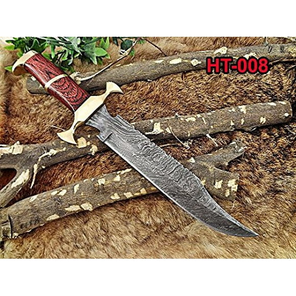15" Long Hunting Bowie knife, hand forged Damascus steel, Red Dollar wood with Brass Pommel & Finger guard, Cow Leather sheath