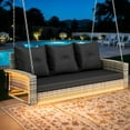 thumbnail image 2 of Dextrus 3-Seat Outdoor Wicker Porch Swing with LED Lights & Black Cushions, Patio Hanging Chair, 2 of 10