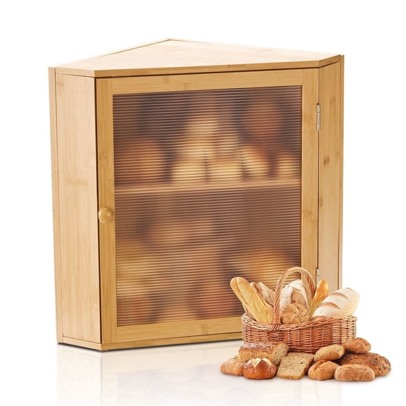 VEVOR Corner Bread Box for Kitchen Counter, Double Layer Large Capacity Bamboo Bread Storage Container,Farmhouse Wooden Breadbox for Homemade Bread,Storage Holder Bin with Acrylic Wavy Door,Natural