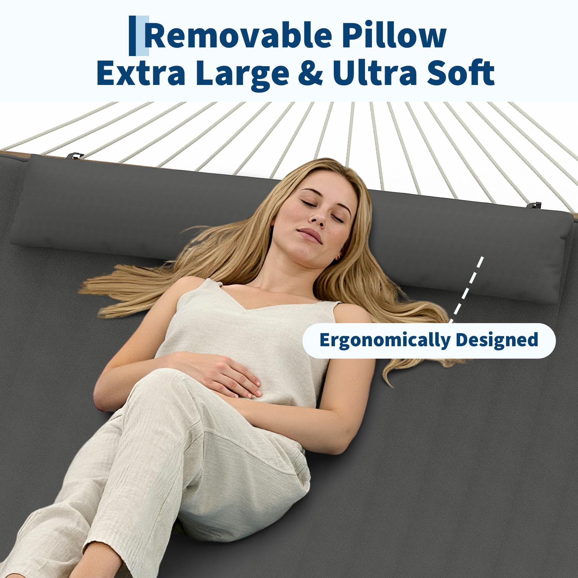12FT Hammocks for 2 Person Indoor Outdoor, Quilted Fabric Hammock with Spreader Bar, Large Removable Pillow, Storage Pockets, Carabiners, Max 450 Lbs Capacity, Dark Gray