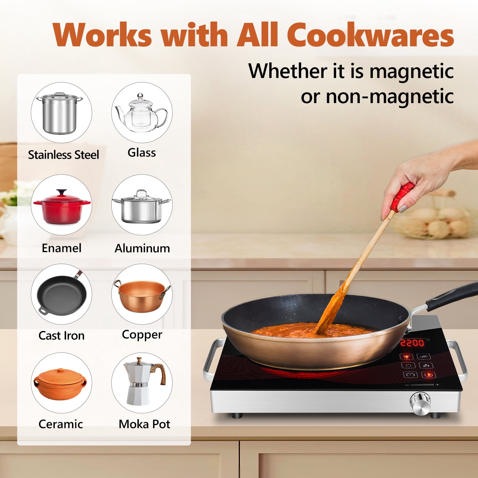 GRACEALL Countertop Infrared Hot Plate Electric Cooktop Portable Cooker for Cooking Single Burner Stove, 2200 Watt Compact Hotplate Adjustable Temperature Control, Sensor Touch & Knob