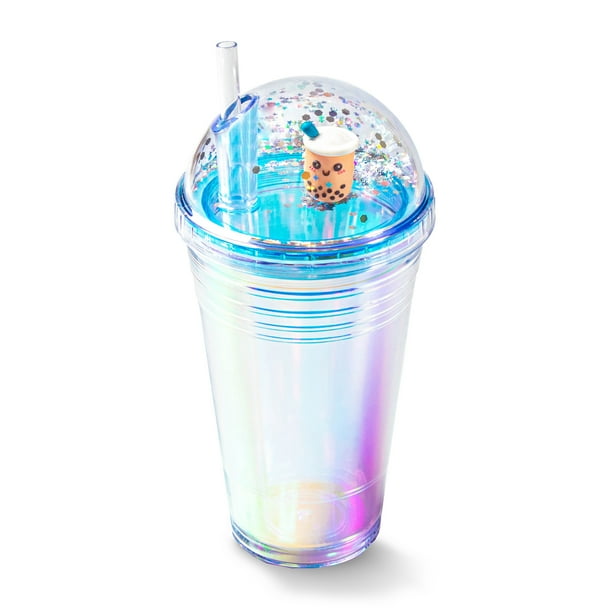Reusable Boba Tumbler With Lid and Straw Iridescent Cups, Glitter Dome