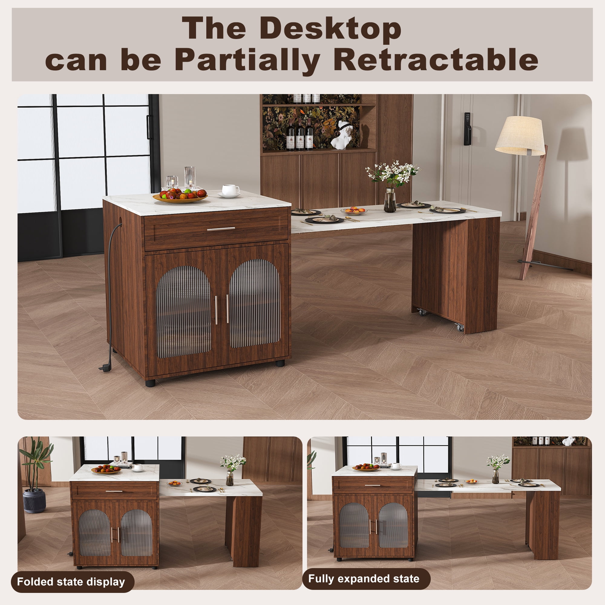 Wohh 80 Inch Extendable Kitchen Island with Marble-patterned Top & Dining Table, Expandable Rolling Cart with Power Outlet, Mobile Storage Cabinet for Small Spaces
