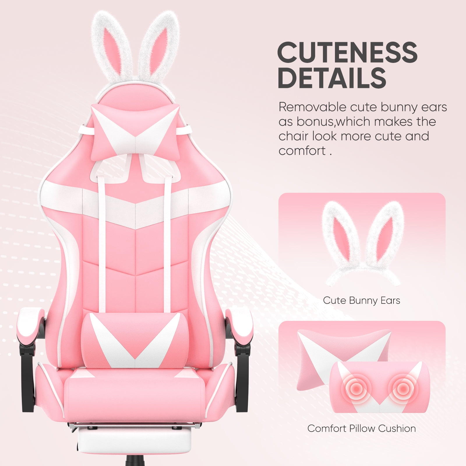 SOONTRANS Pink Gaming Chair, Adult Game Gamer with Footrest & Massage Lumbar Pillow , Ergonomic High Back Office Chairs with Bunny Ear, Pink
