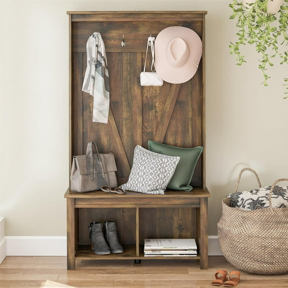 Woven Paths Scandi Farmhouse Entryway Hall Tree Bench, Rustic