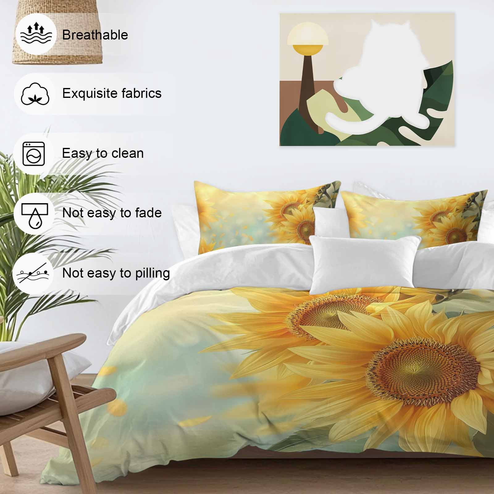 Sunflower Duvet Cover Set, Yellow Spring Floral Botanical Soft Duvet Cover Full Size Bedding Set 4 Pieces, 1 Quiltcover and 2 Pillowcases with Zipper, 1 Bed Sheet for All Seasons