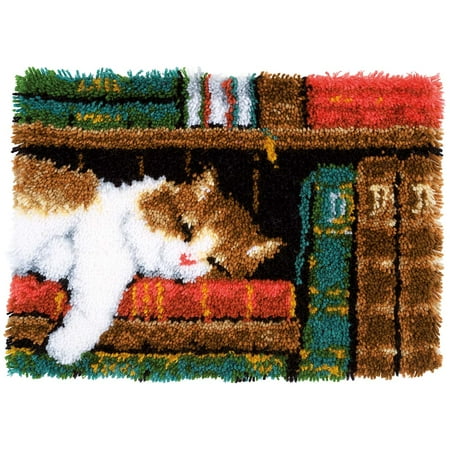 Vervaco Latch Hook Rug Kit 21.25"X15.5"-Cat On Bookshelf