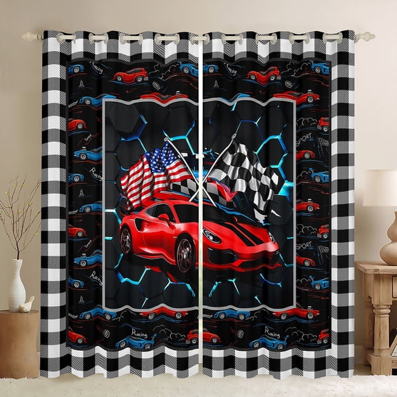 Homewish Red Sport Car Black Out Curtains for Kids Children Teens,USA Flag Curtains Pack of 2 (42x63 Each),Geometric Plaid Honeycomb Bedroom Curtains,Lightweight Room Decor
