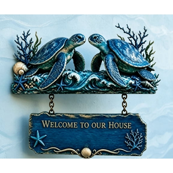 Sea Turtle Door Decorations, 2026 New Resin 3D Coastal Welcome Hanging Sign, Dual Sea Turtle Design with Coral Starfish Accents, Rustic Nautical Wall Decor for Porch Indoor Outdoor Home