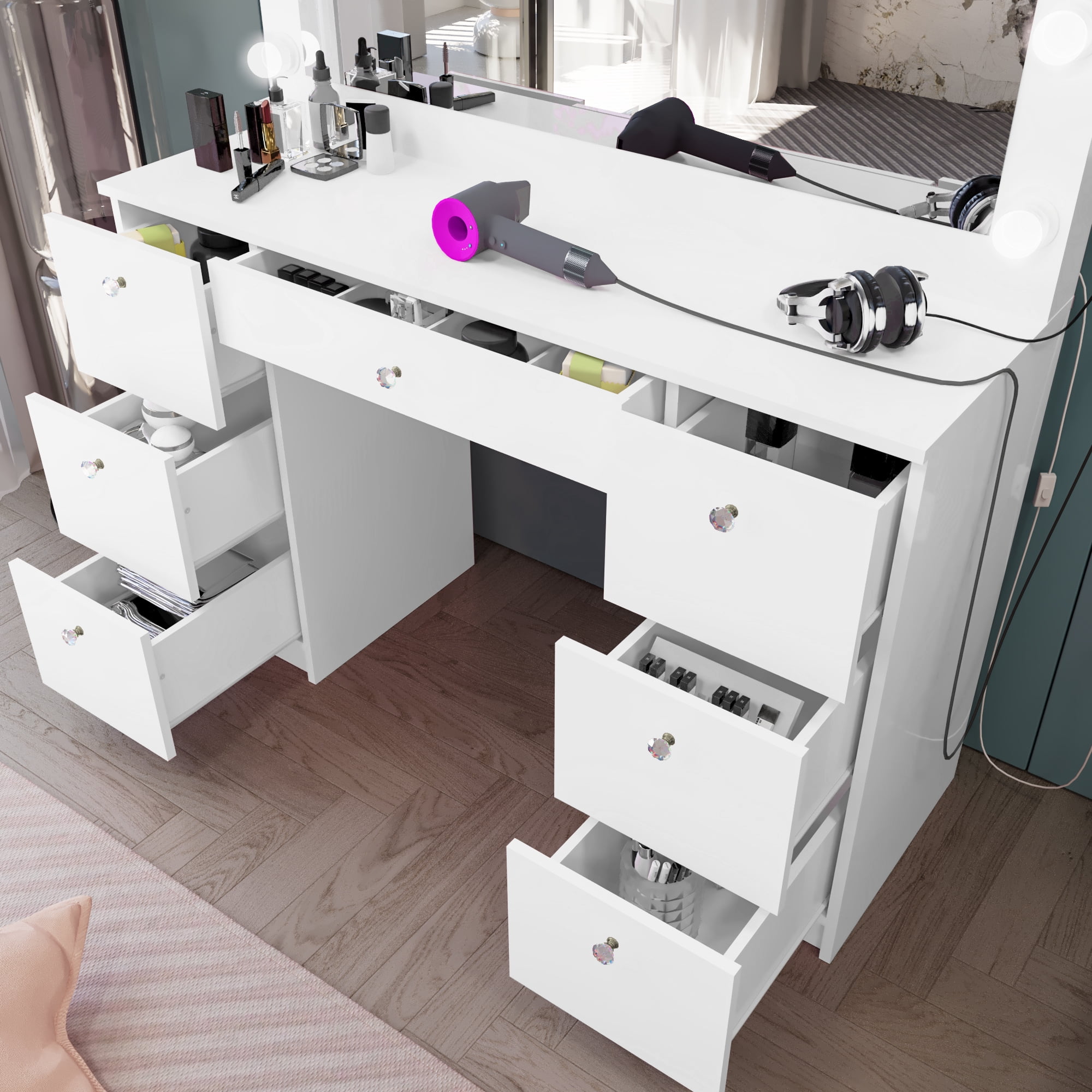 Ember Interiors Tammy White Vanity Desk with Mirror, Lights, Bluetooth Speakers & Storage