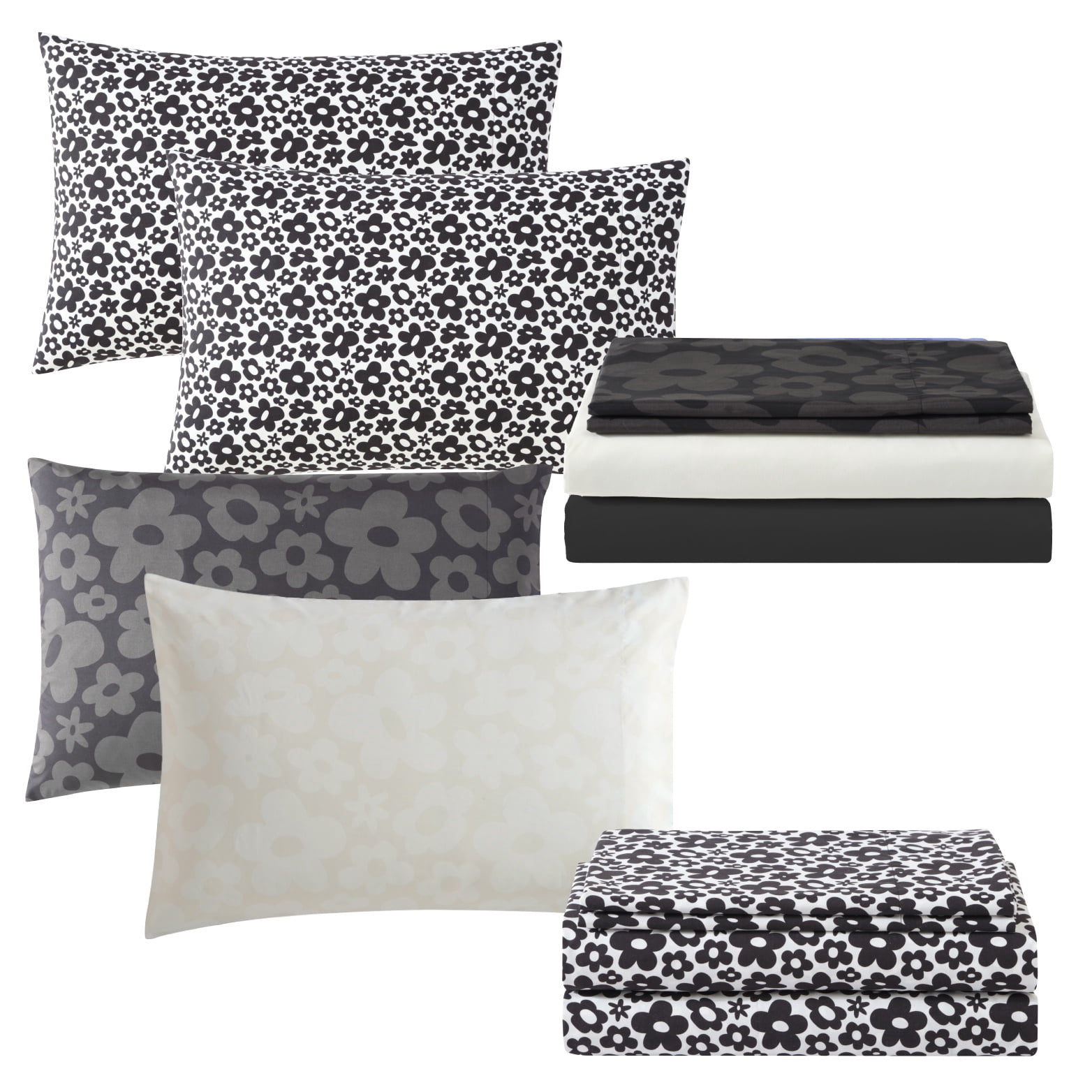 Urban Shop 8 Piece Black and White Floral Mix and Match Sheet Set, Full