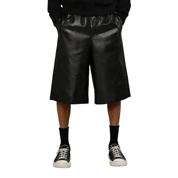 Mens PU Leather Shorts Loose Fit Mid Thigh Wide Leg Shorts Summer Elastic Waist Breathable Leather Capris Black