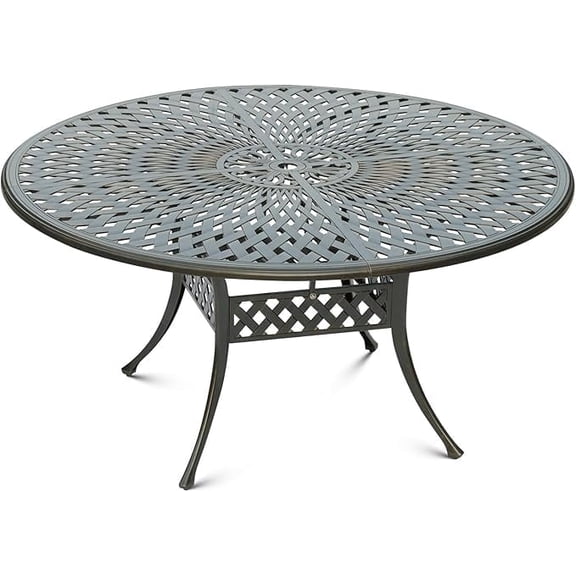 SOCIALCOMFY 61" Large Outdoor Dining Table with 2" Umbrella Hole, Cast Aluminum Outdoor Patio Dining Table for 8 Person, All Weather Large Round Patio Table for Garden Lawn Backyard, Dark Bronze