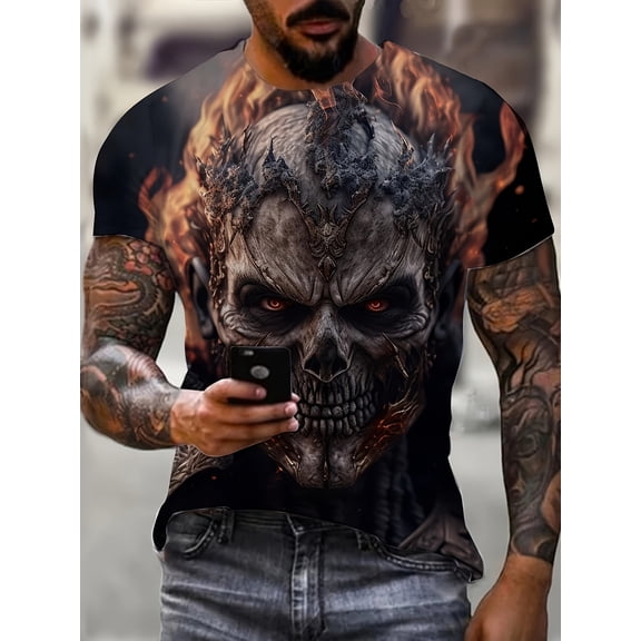 Vintage Men'S T-Shirt with Skull Graphic, Print Short-Sleeve Top, New Summer Fashion Super Clothing T-Shirt, Plus Size