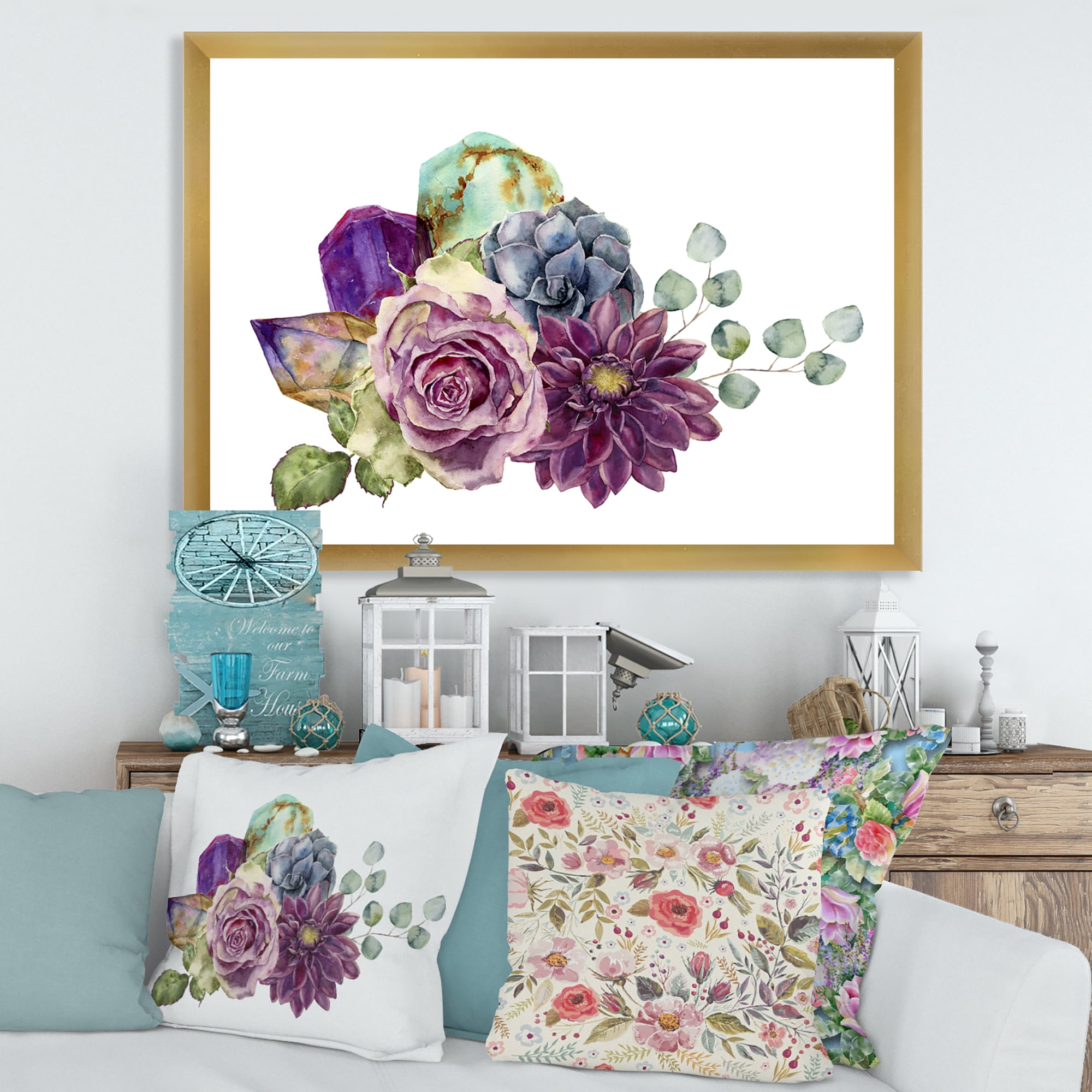 Designart 'Bouquet of Succulents Eucalyptus With Flowers' Traditional Framed Art Print