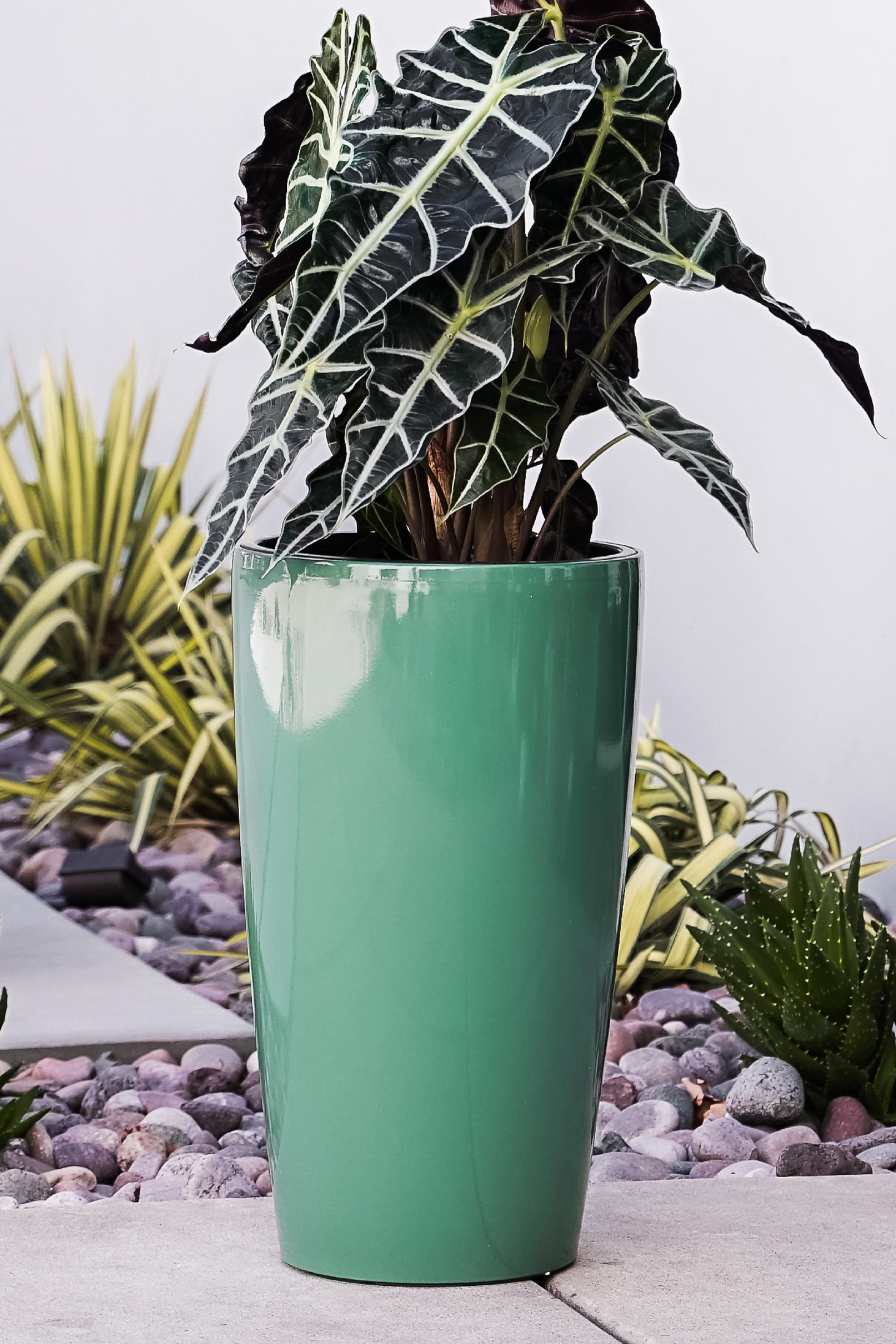 XBrand 21" H Turquoise Plastic Self Watering Indoor Outdoor Tall Round Planter Pot w/Glossy Finish, Decorative Gardening Pot, Home Décor Accent