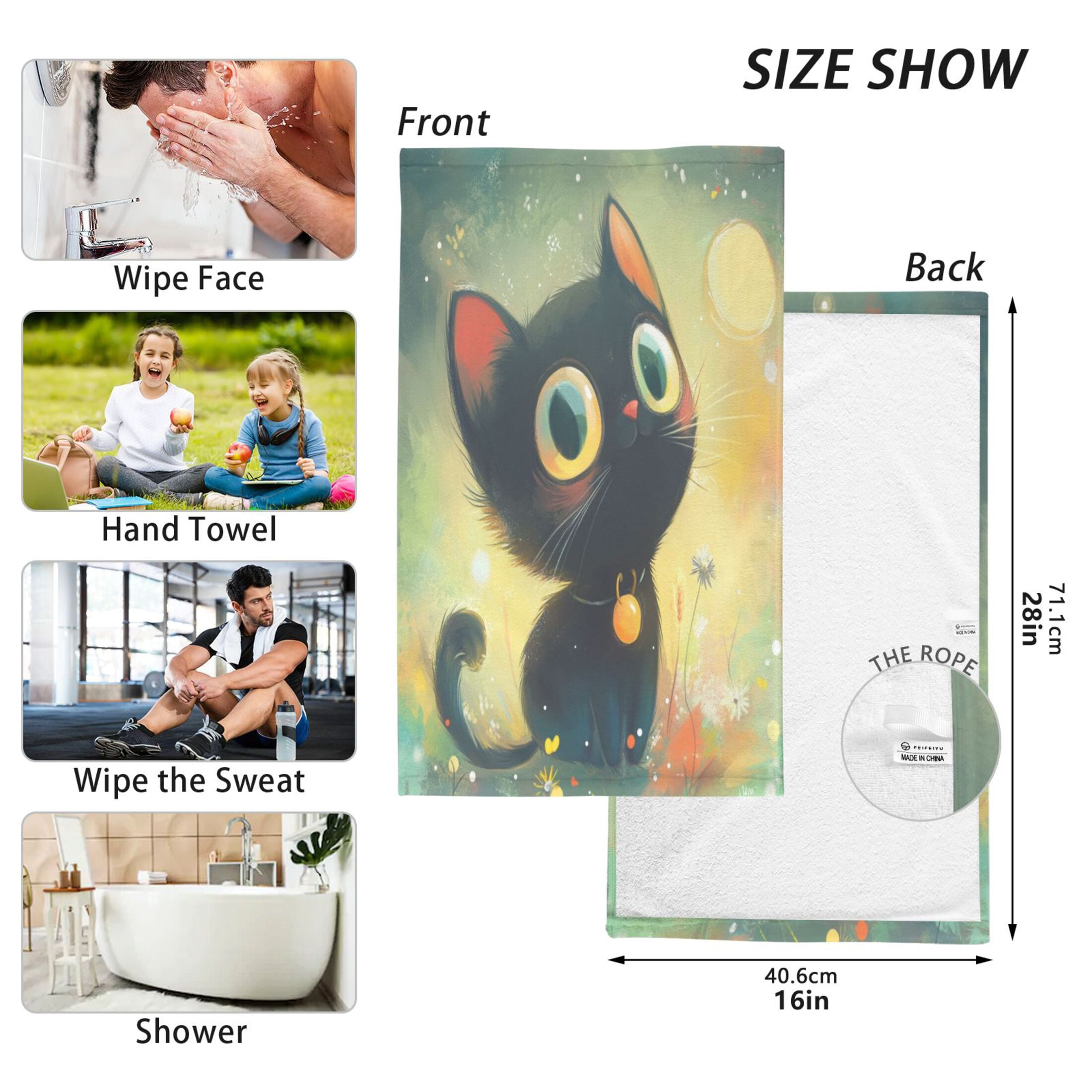 Cotton Towel Two-Piece 16x28 Inch One Sizex2 Face Towel Set Towel Set Cotton Hand Bath Towel Bathroom Beach Adorable Black Cat