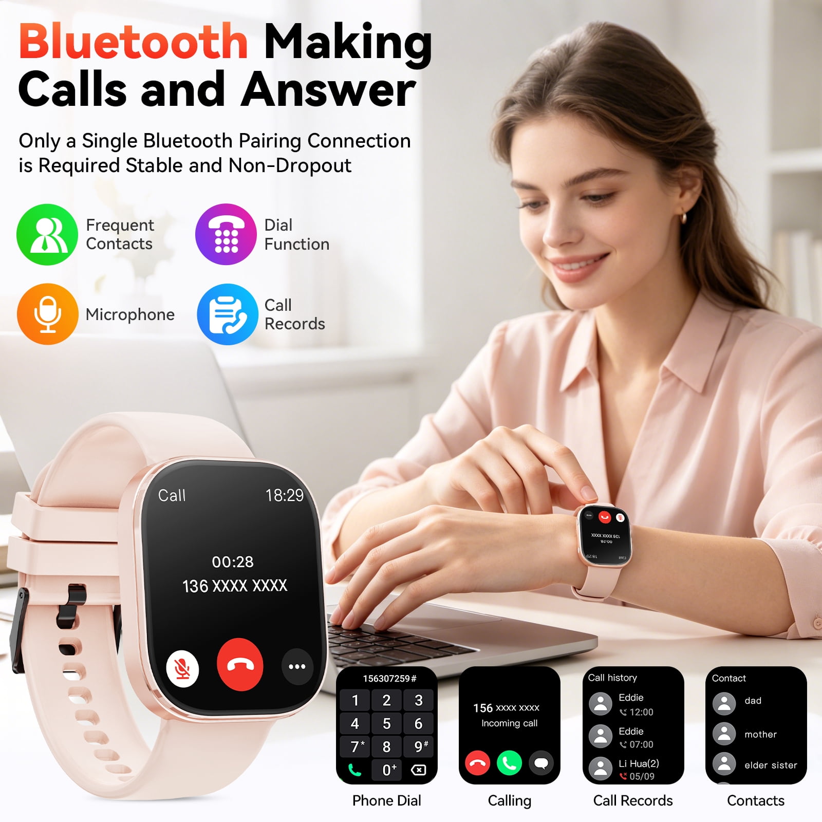 Minsxk 1.88" HD Smart Watch for Women, IP68 Waterproof, Bluetooth Answer Calls, Fitness Tracker with Multi Sport Modes, Compatible with Android iPhone