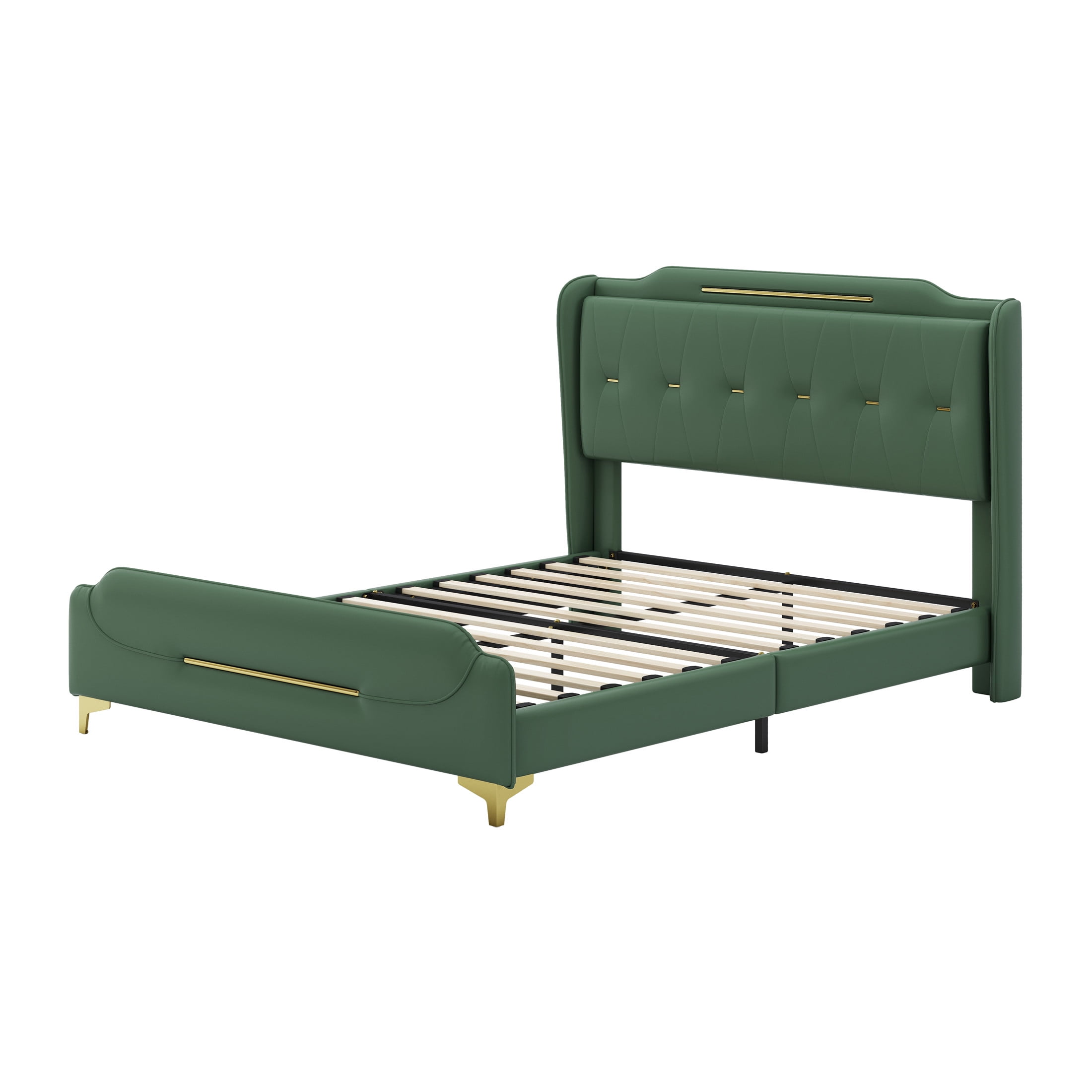 Salas Queen Size Green Modern Upholstered PU Leather Platform Bedframe with Gold Metal Accents and Wingback Headboard