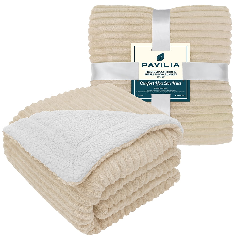 PAVILIA Reversible Sherpa Fleece Throw Blanket Twin Cream Beige, Soft Fuzzy Plush Flannel Throw, Warm Ribbed Microfiber Blanket for Sofa Couch Bed, Thick Striped Blanket, Beige, 60x80