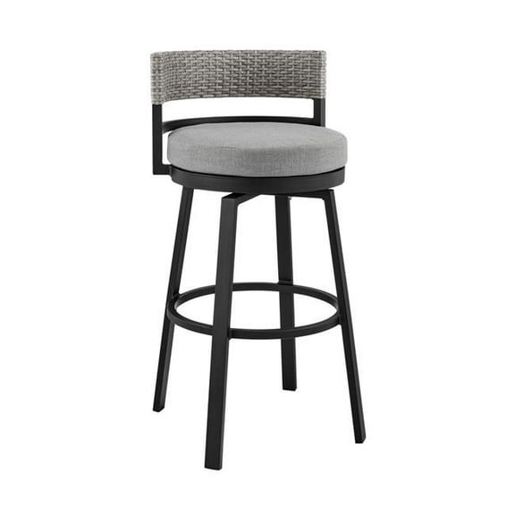 HomeRoots 490218 33 in. Light Gray Metal Swivel Low Back Outdoor Bar Height Chair with Footrest