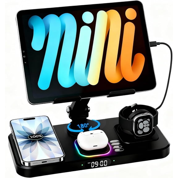 30W Charging Station for Apple Products, Foldable Wireless Charger with Clock Display&7 Color Light, Wired Charging for iPad/Tablet Charging Station for iPhone17, for Apple Watch11 for AirPods4(Black