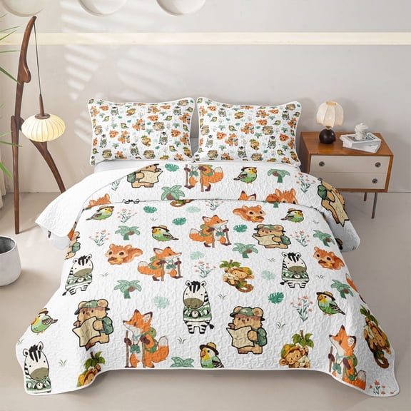Castle Fairy Cute Fox Bear Monkey Zebra Twin Quilt Set,Happy Camping Animal Twin Coverlet Set,Off White Green