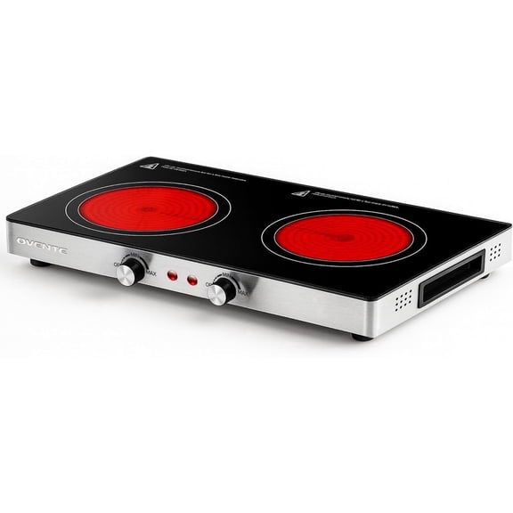 OVENTE Infrared Ceramic Double Burner, 1800W Hot Plate, Black BGI302GB | Crystalline Glass, Portable Stainless Steel Cooktop for Home, Office, or Dorm Use, Non-Slip Feet